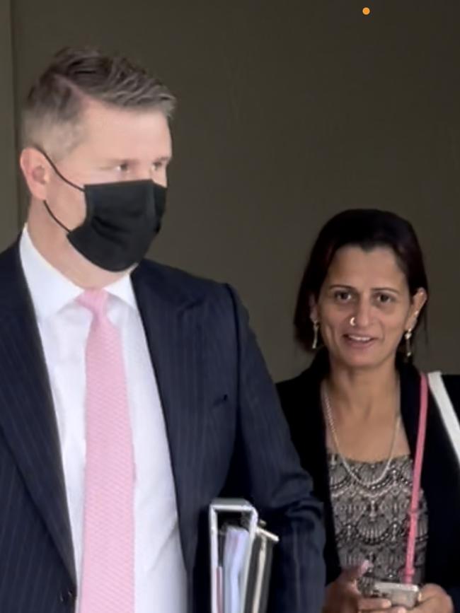 Sra Lakshmi Agasthyaraju (right) pictured with her lawyer outside Penrith Local Court in December 2021 after a foiled plot to frame her ex’s son for sexual assault.