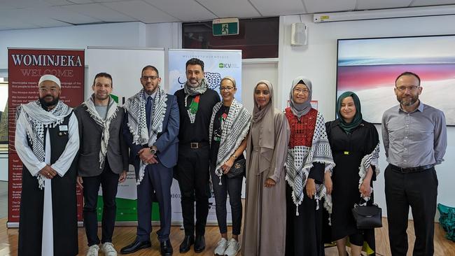 Islamic Council of Victoria president Adel Salman, Australian Palestine Advocacy Network president Nasser Mashni (centre) and Greens federal leader Adam Bandt (far right) at the ICV's Open Mosque Day.