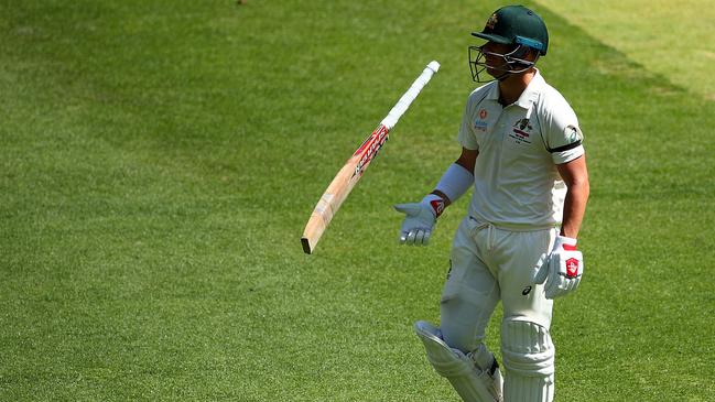 David Warner leaves the field after his stunning exit. Picture: Getty Images