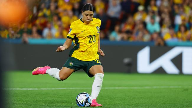 Sam Kerr takes a penalty during the FIFA Women’s World Cup quarter-final. Broadcaster Seven is seeing record viewer numbers. Picture: Lachie Millard