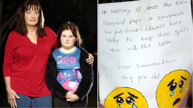 Liz and Samantha Lane at Newmarch House on Thursday and (right) the letter Samantha left with flowers at the memorial set up outside the facility. Pictures: Christian Gilles