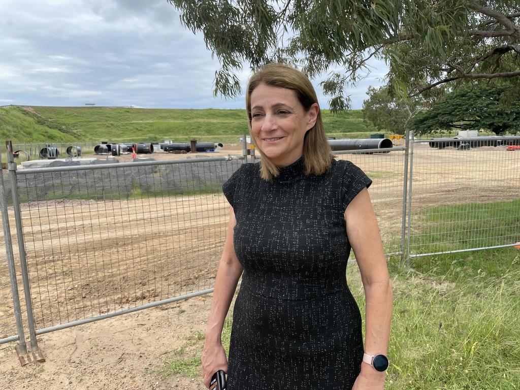 Townsville mayor Jenny Hill at the pipe holding yard for the Ross River Dam to Douglas Water Treatment Plant Pipeline Duplication. Picture: Leighton Smith.