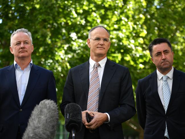 Nine Entertainment CEO Hugh Marks, News Corp Australasia executive chairman Michael Miller and ABC Director News Gavin Morris at a press conference in Canberra.