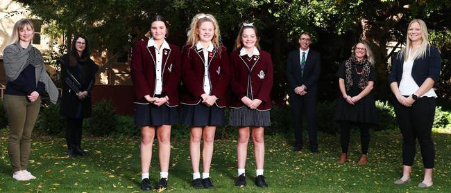 (From left) St Michael’s Collegiate teachers Katie Walker and Melissa Cuthbertson, students Claudia Johnston (Grade 10), Avah Polley (Grade 10) and Scarlett Johnston (Grade 8), principal Adam Forsyth and teachers Louise Bodycoat and Courtney Blyth. Picture: NIKKI DAVIS-JONES