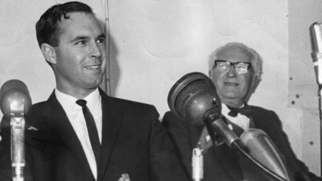 Steele Hall at the press conference which followed his election as leader of the Liberal and Country League on July 13, 1966.
