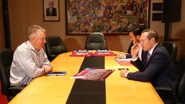 Brisbane CEO Greg Swann and Queensland Minister for Sport Mick de Brenni discuss the AFLW Grand Final venue. Picture: Liam Kidston