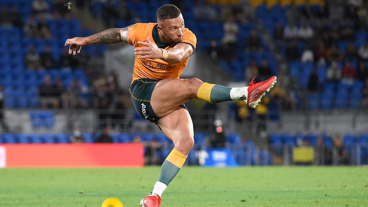 Quade Cooper kicks the winning penalty goal against South Africa. Picture: Matt Roberts/Getty Images