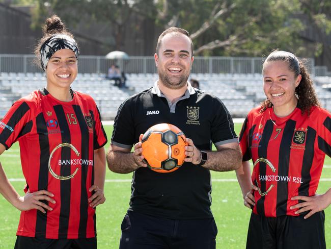 Mary Fowler, 16, senior Bankstown City Lions official George Mladenov and Ciara Fowler. Picture: Monique Harmer