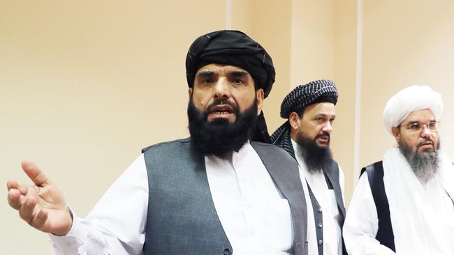 Suhail Shaheen, Latif Mansur, and Shahabuddin Delavar, members of the Taliban’s political office, hold press conference. Picture: Getty