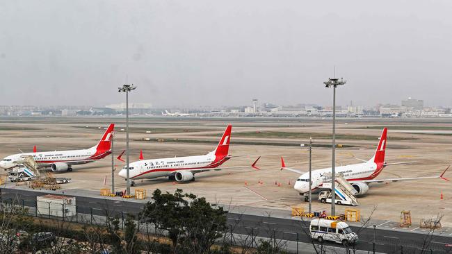 Three Boeing 737 MAX 8 planes from Shanghai Airlines parked at Shanghai Hongqiao International Airport in Shanghai. Picture: AFP