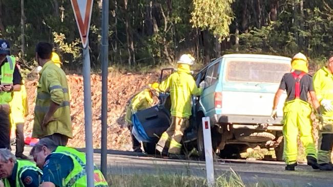 The scene of a fatal crash involving a school us and Ute at Wolvi on Tuesday afternoon. Picture: Scott Kovacevic