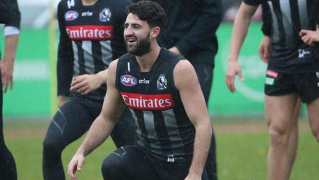Alex Fasolo will miss Collingwood’s trip to Adelaide after jarring his shoulder. Picture: Hamish Blair