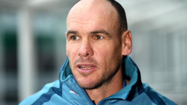 Australian Rugby Union assistant coach, Nathan Grey, answers a question during a press conference in Sydney on Wednesday, June 28, 2017. Wallabies assistant and NSW Waratahs assistant coach, Nathan Grey, will move permanently into a national coaching role at the end of the 2017 Super Rugby season, after signing a new two-year contract with the Australian Rugby Union. (AAP Image/Paul Miller) NO ARCHIVING