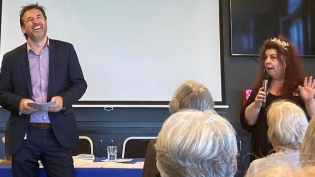 Councillor Glenn Tozer enjoys a joke with the Broadbeach Probus club at a function at the Kurrawa Surf Lifesaving Club. He has sought feedback on another casino.