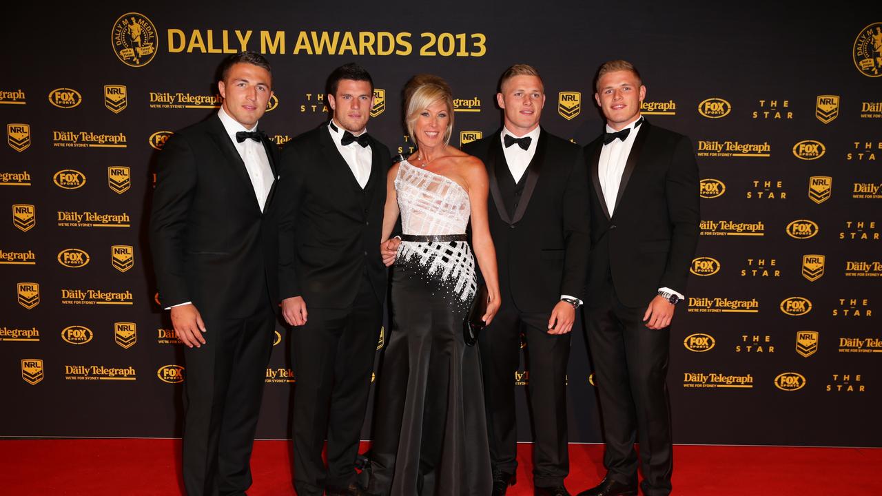 George Burgess is the youngest of four brothers, Sam, Luke and older twin Tom, pictured with their mum Julie at the 2013 Dally M Awards held at the Star in Pyrmont.