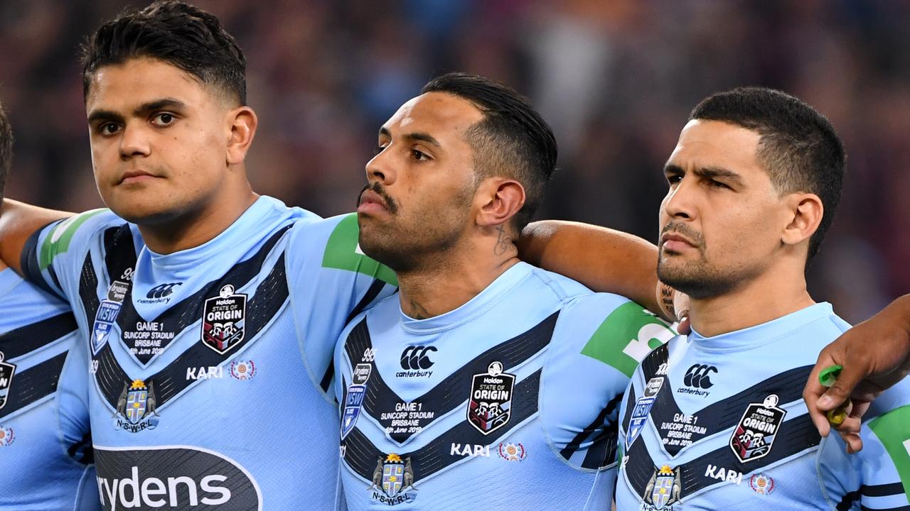 Blues players Latrell Mitchell (left) Josh Addo-Carr (centre) and Cody walker during the Game I, 2019 anthem ceremony.
