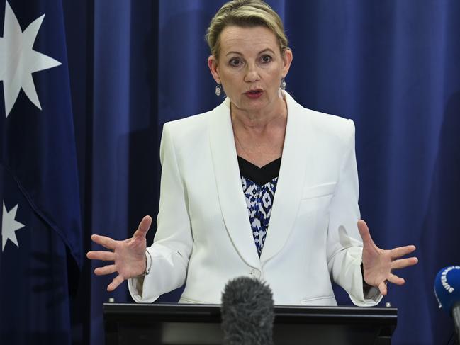 CANBERRA, AUSTRALIA - APRIL 5: Leader of the Opposition Peter Dutton and Deputy leader Sussan Ley address the media in the opposition party room. Federal Liberal MPs will campaign for a "no" vote in the referendum to enshrine an Indigenous Voice to parliament in the Constitution after the party room decided to formally oppose the proposal.The Liberal party room voted on Wednesday to reject the Albanese government's proposed model for a national Aboriginal and Torres Strait Islander advisory body, in favour of establishing local and regional Voices that would be legislated but not embedded in the Constitution. Picture: NCA NewsWire / Martin Ollman