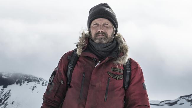 This image released by Bleecker Street shows Mads Mikkelsen in a scene from "Arctic." (Helen Sloan/Bleecker Street via AP)