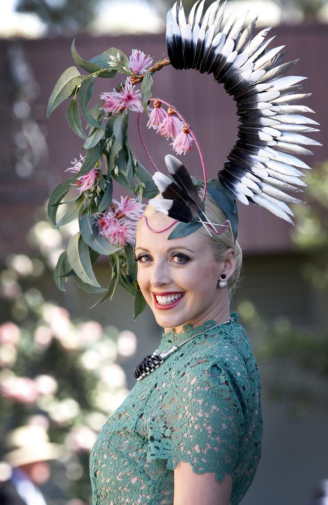 2015 Melbourne Cup Day at Flemington Racecourse. Myer Fashion in the Field. Leeanne Symes wearing a Pegi Lea design hat. Picture: David Caird.