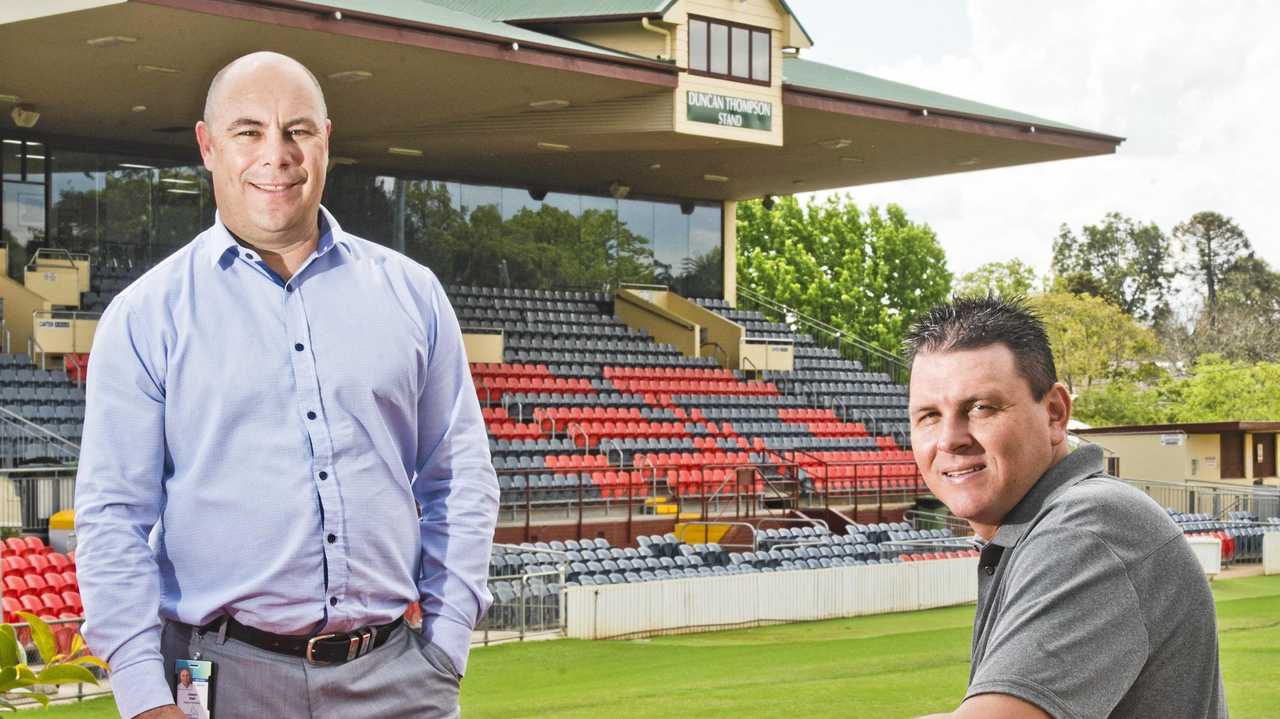 IN CHARGE: South West Queensland Thunder vice chairman Jason Hall (left) chats with new technical director and senior men's coach Thiago Kosloski. Picture: Nev Madsen