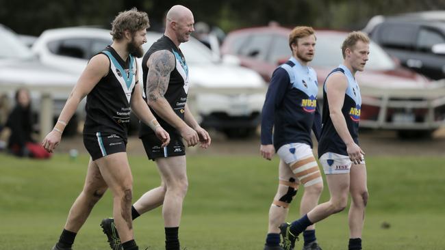 Former AFL star Barry Hall celebrates a goal for Cygnet against Lindisfarne in Tasmania's Southern Football League. Picture: PATRICK GEE