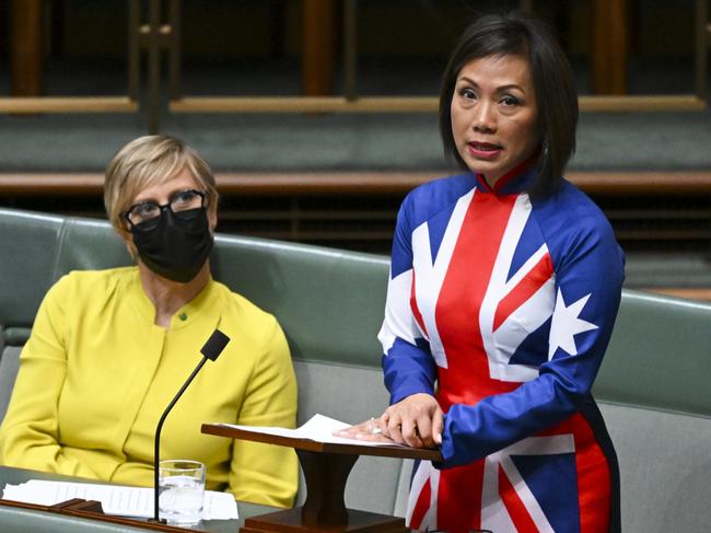 Dai Le delivers her first speech in the House of Representatives at Parliament House wearing an áo dài made from an Australian flag design. Picture: AAP