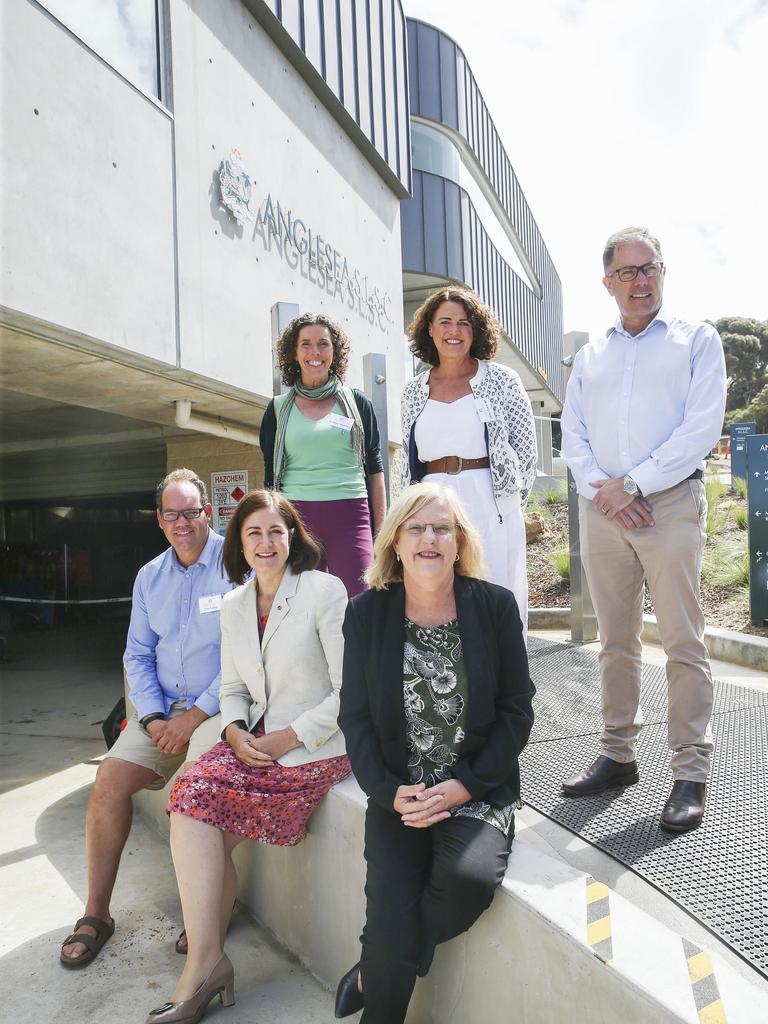 Back row Surf Coast Shire Mayor Libby Stapleton, MP Libby Coker, MP Richard Riordan. Front row surf club president Tom Cullen, Senator Sarah Henderson and MP Lisa Neville. Opening of the new part of Anglesea Surf Lifesaving Club. Picture: Alan Barber