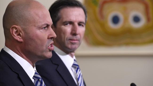 Treasurer Josh Frydenberg’s near-certain defeat to one of the independents leaves Simon Birmingham (right) as one of the last remaining moderate leaders in the party. Picture: Andrew Henshaw/NCA NewsWire