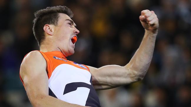 Jeremy Cameron celebrates kicking a goal for GWS. Picture. Phil Hillyard