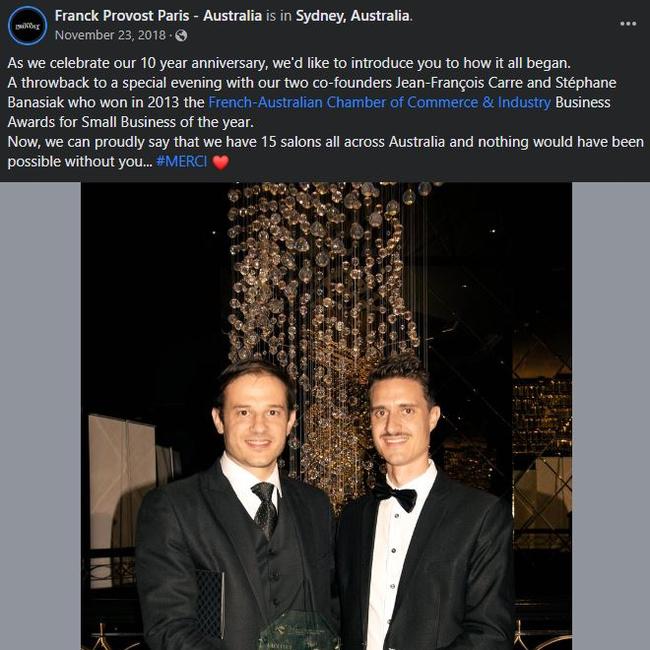 News.com.au has obtained a social media post from November 2018 lauding both men as co-creators of the successful Franck Provost franchise.