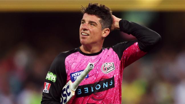 SYDNEY, AUSTRALIA - JANUARY 24: Moises Henriques of the Sixers looks dejected after being dismissed by Tom Andrews of the Thunder during the BBL The Challenger match between Sydney Sixers and Sydney Thunder at Sydney Cricket Ground on January 24, 2025 in Sydney, Australia. (Photo by Mark Kolbe Photography/Getty Images)