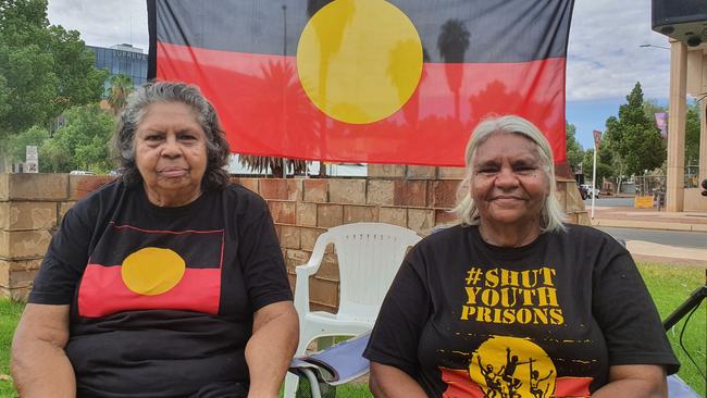 Arrernte Elders and Alice Springs Invasion Day rally organisers Pat Ansell Dodds and Sabella Kngwarraye Turner at the event. Picture: Supplied