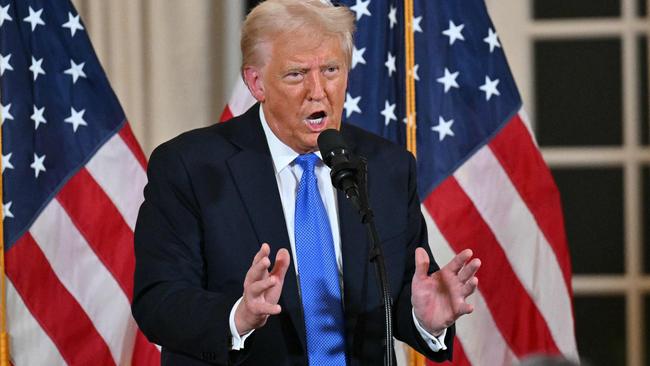 TOPSHOT – US President Donald Trump speaks as he hosts a dinner for US Republican Senators at his Mar-a-Lago resort in Palm Beach, Florida, on February 7, 2025. (Photo by ROBERTO SCHMIDT / AFP)