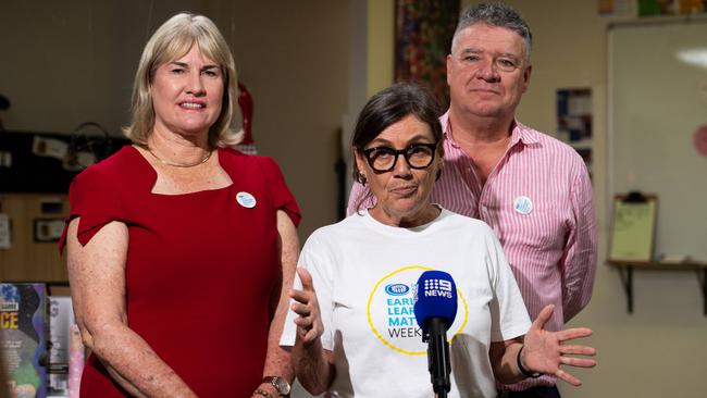 Minister Mark Monaghan, Chief Minister Eva Lawler and Early Childhood Australia NT branch general manager, inclusion and early intervention Janet Williams-Smith celebrate Early Learning Matters Week, 2024. Picture: Pema Tamang Pakhrin