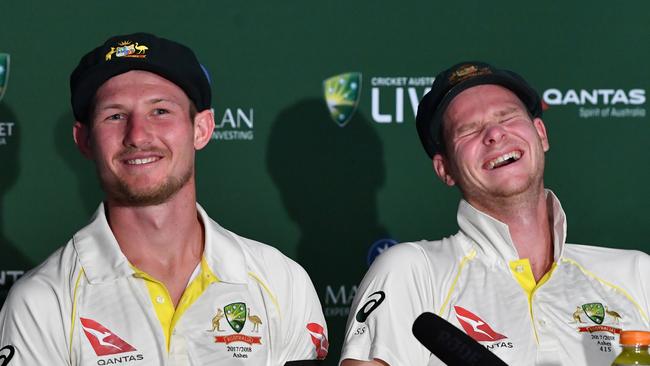 Cameron Bancroft and Steve Smith reacting as they answer questions from the media about England wicketkeeper Jonny Bairstow last November.