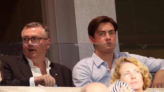 Eddie McGuire and Joe McGuire at the Gabba, Brisbane, in 2020. Picture: Michael Klein