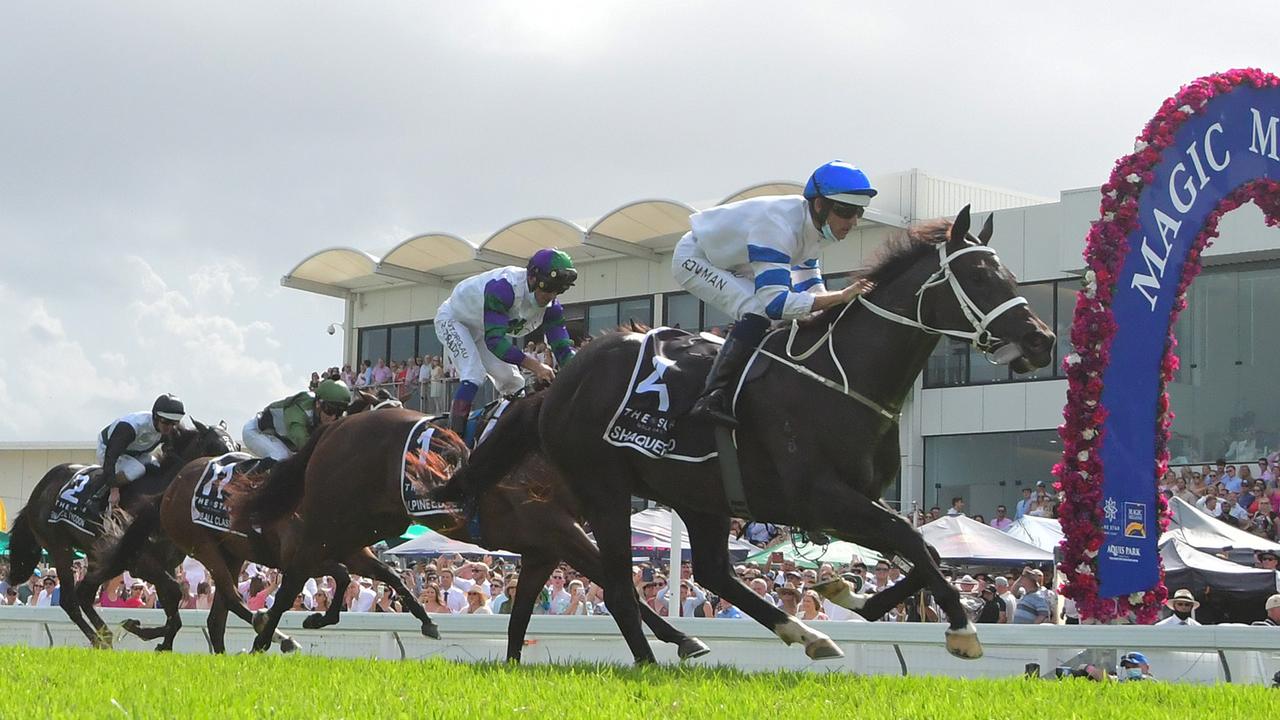 Hugh Bowman rides Shaquero to victory in the Magic Millions 2YO Classic. Picture: Trackside Photography