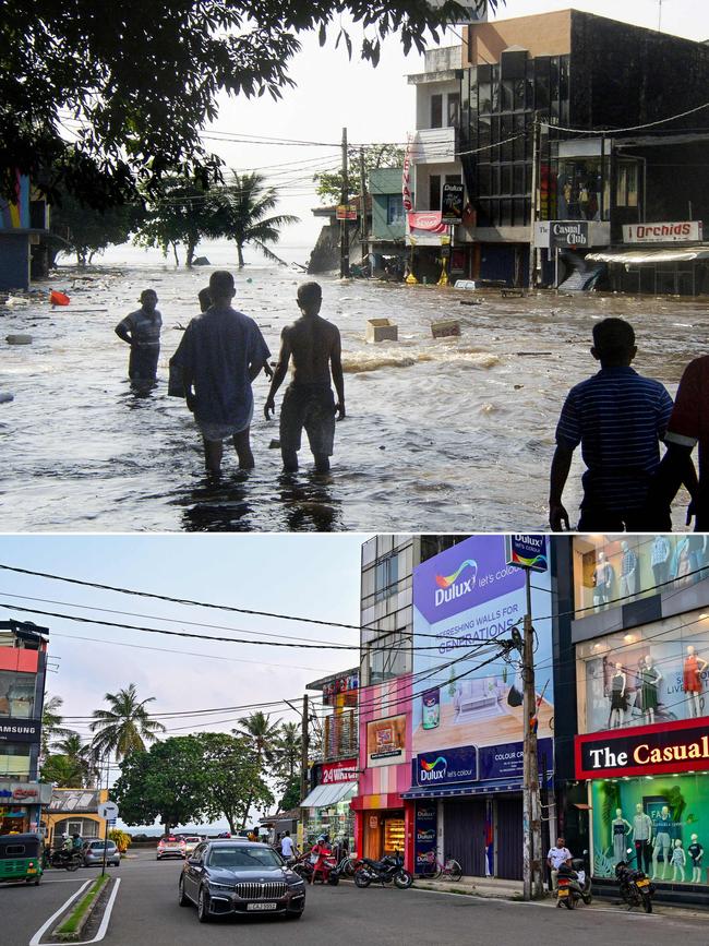 People walking through floodwaters on a street in Galle on December 26, 2004 and a car driving past shops on the same street on December 1, 2024. Picture: Ishara S. Kodikara/ AFP