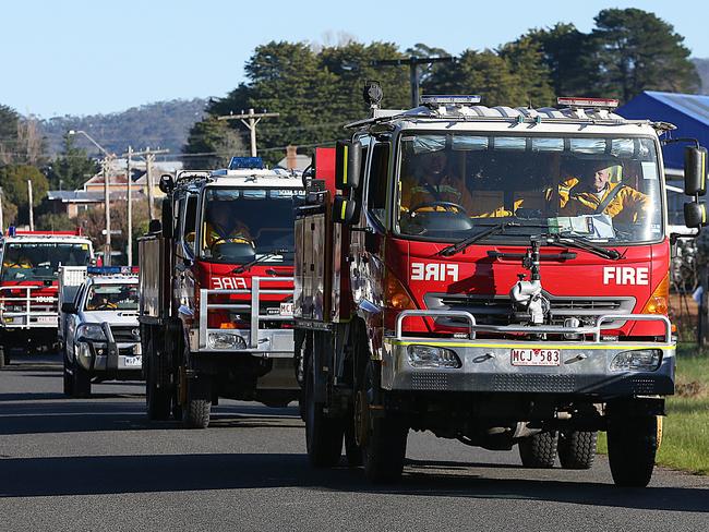 CFA trucks protest by driving past Kokoda Park in Ararat where Premier Daniel Andrews was announcing a major renewable energy initiative.