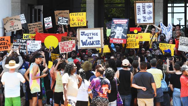 Demonstrators gather at Parliament House in Darwin to protest the shooting death of 19-year-old Kumanjayi Walker in Yuendumu. Picture: Katrina Bridgeford