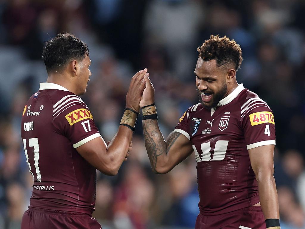 While the Blues had no outside back on the bench, Billy Slater’s decision to pick Selwyn Cobbo (left) proved to be a masterstroke. Picture: Getty Images