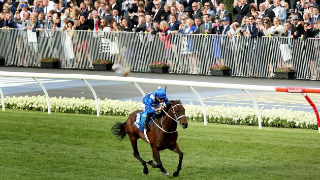 The Moonee Valley crowd cheers Winx on to victory in the Cox Plate last year. Picture: Colleen Petch