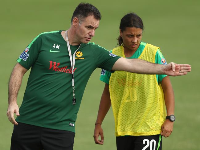 Milicic offers instructions to Matildas captain Sam Kerr. Picture: Getty