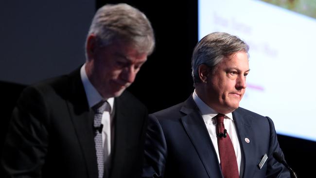 Westpac chairman Lindsay Maxsted (left) and CEO Brian Hartzer at the company's 2018 annual general meeting. Picture: Colin Murty