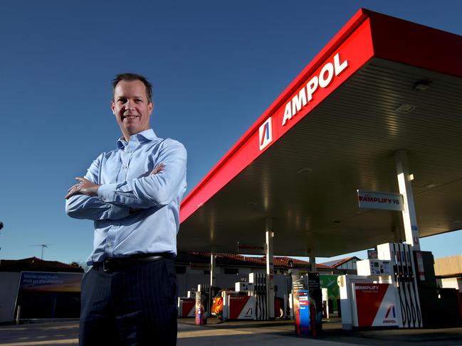 Ampol CEO Matthew Halliday pictured outside the first rebranded Ampol service station on Parramatta Rd in Concord. Caltex is rebranding to Ampol after the American brand exited Australia. Picture: Toby Zerna