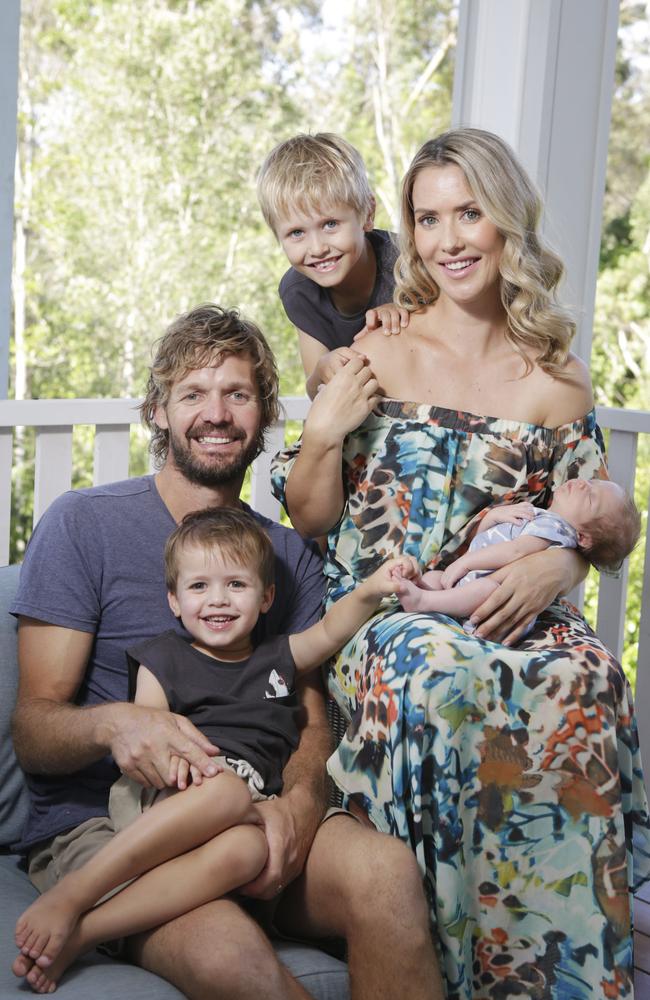 Abby Coleman just after the birth of her third son Koa in 2018, with husband Scott Burdon and other sons Scott and Jagger