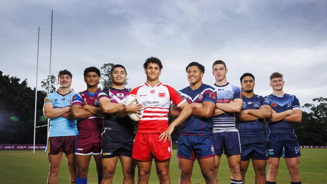 Langer Trophy Competitors Seth Nikotemo (Keebra Park SHS), Karl Oloapu (Wavell SHS), Chris Faagutu (Marsden SHS), Tanu Nona (PBC SHS), Josiah Pahulu (Ipswich SHS), Lewis Symonds (Coombabah SHS), Kena Finau (Mabel Park SHS), and Jack Cameron (Redcliffe SHS) pictured at Red Hill. Picture Lachie Millard