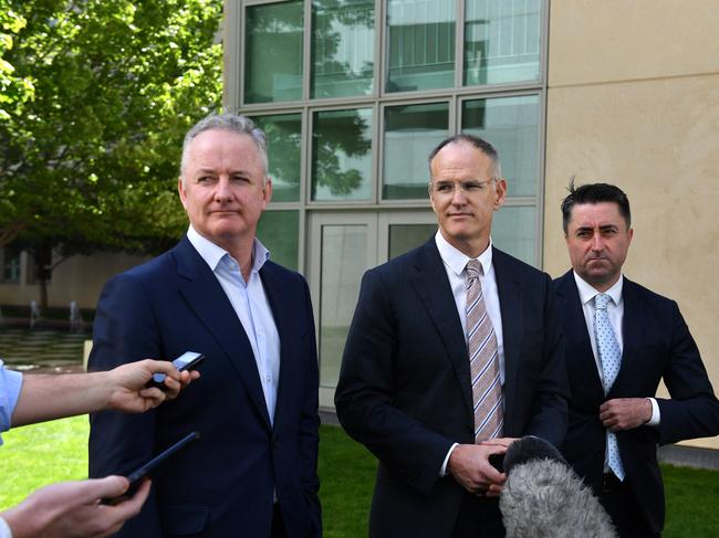 Nine Entertainment CEO Hugh Marks, News Corp Australasia executive chairman Michael Miller and ABC Director News Gavin Morris.