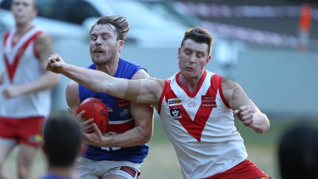 AFL Yarra Ranges (Division 1): Olinda Ferny Creek v Wandin 15 Brad Harvey marks for Wandin. Picture: Stuart Milligan