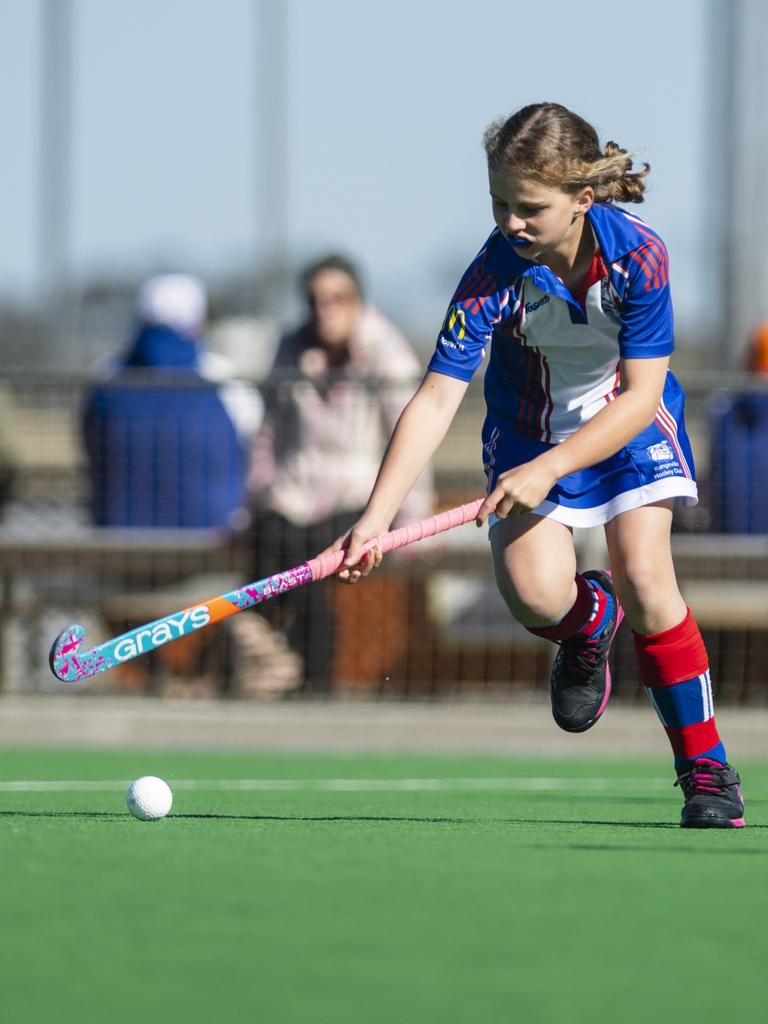 Charlotte Bolitho of Rangeville against Past High in under-11 girls Presidents Cup hockey at Clyde Park, Saturday, May 27, 2023. Picture: Kevin Farmer